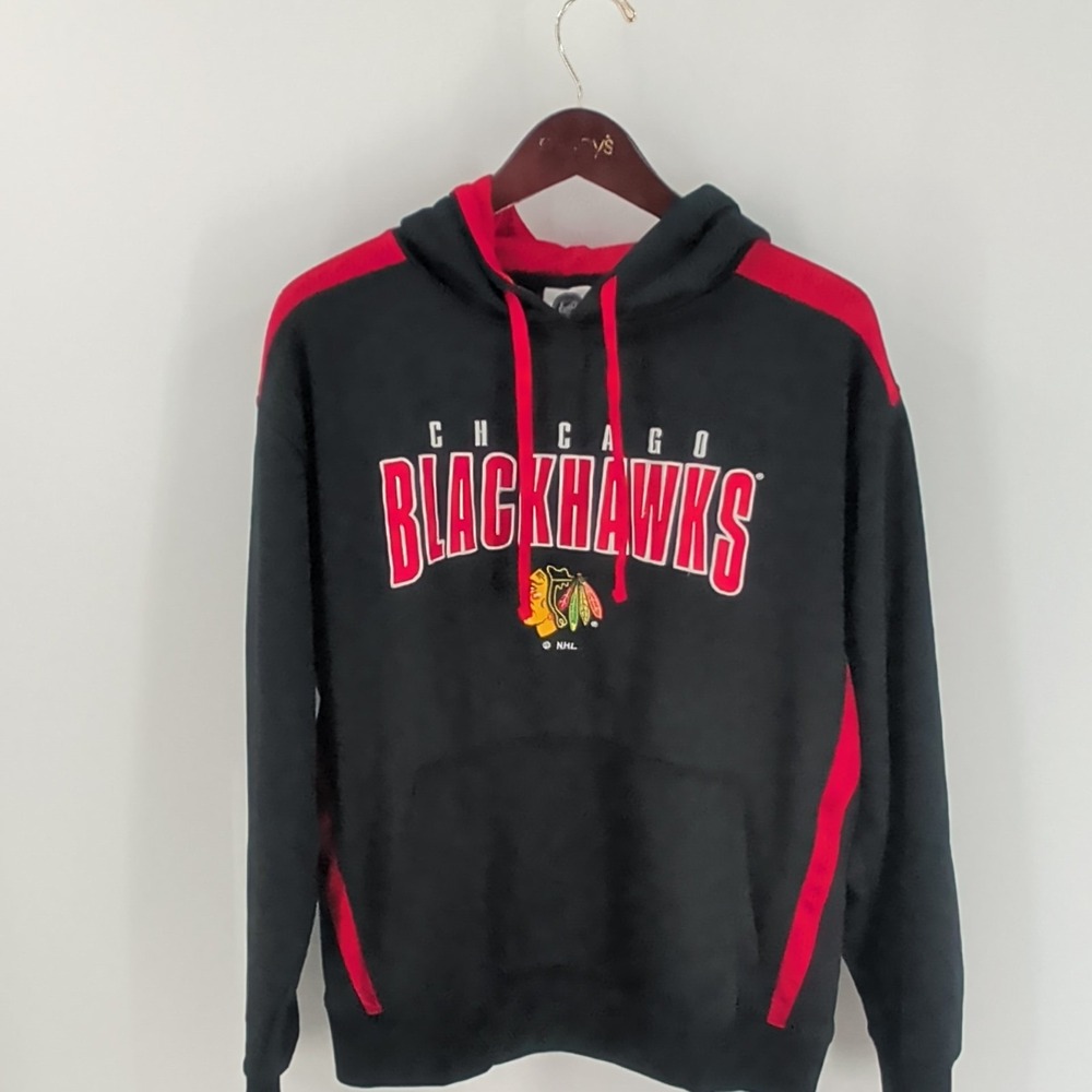 Chicago Blackhawks Hockey NHL Mens Black Red Spellout Pullover Hoodie Size L